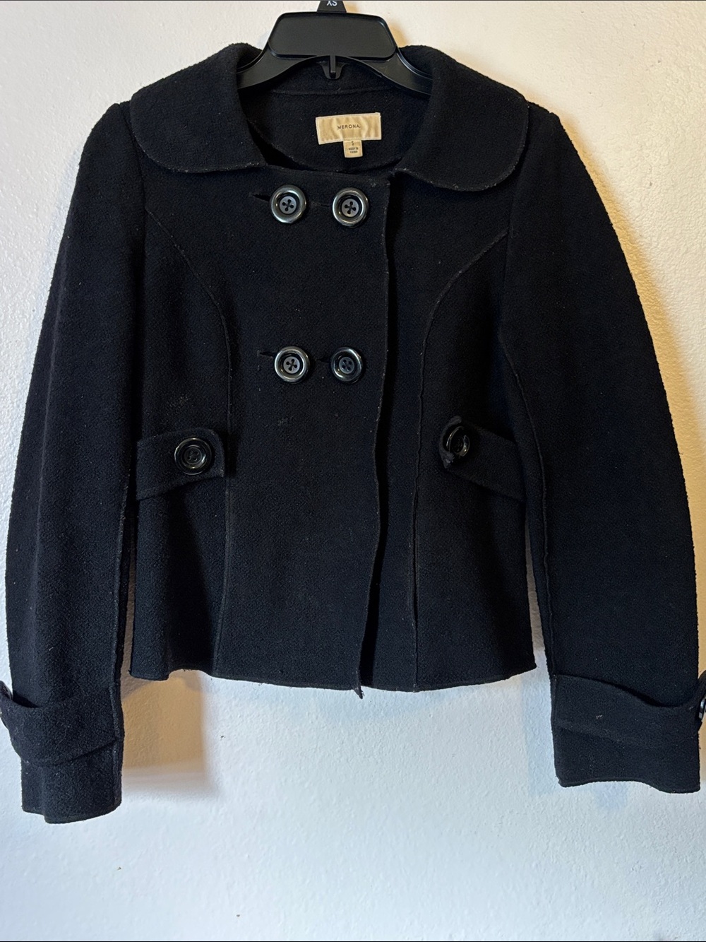 Merona Black Wool Blend Double Breasted Pea Coat Jacket Size S